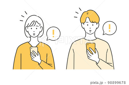 スマートフォンの通知に気が付く男女のイラスト 98899678