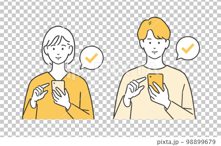 男性和女性操作和檢查智能手機的插圖 98899679