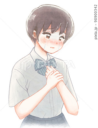 性別違和に苦しむ学生の水彩イラスト・スカート&ショートヘア 98900342