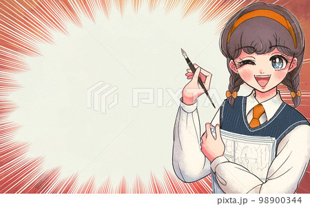 アナログ漫画を描く女の子のイラストアイキャッチ アナログ漫画を描く女の子のイラストアイキャッチ 98900344