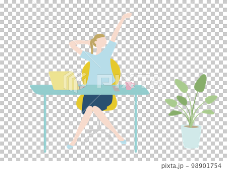 A woman stretching at her desk A woman stretching at her desk 98901754