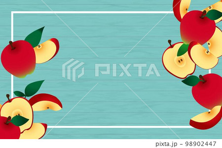 青い木目の両サイドにりんごを配置した背景・フレーム 98902447