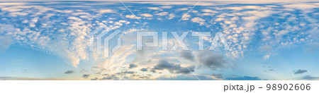 Blue sky panorama with Cirrus clouds. Seamless hdr 360 degree pano in spherical equirectangular format. Sky dome or zenith for 3D visualization, game and sky replacement for aerial drone 360 panoramas Blue sky panorama with Cirrus clouds. Seamless hdr 360 degree pano in spherical equirectangular format. Sky dome or zenith for 3D visualization, game and sky replacement for aerial drone 360 panoramas 98902606