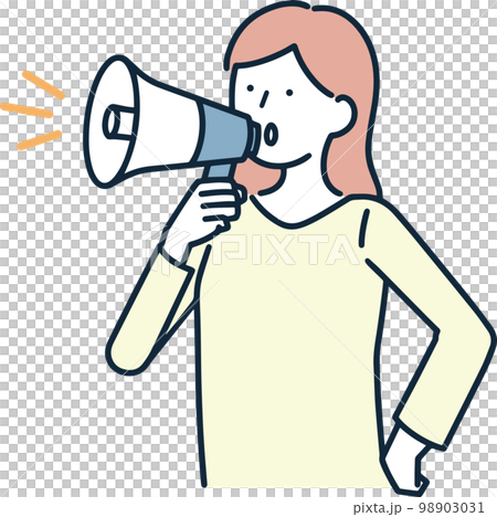 拡声器を持って話す女性　シンプルイラスト 98903031