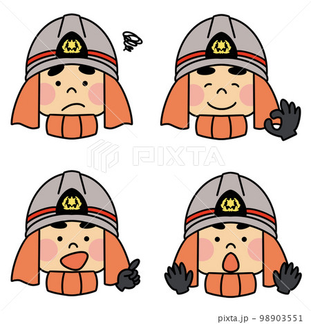 オレンジの防火服を着た消防隊員　顔だけ　表情違い 98903551