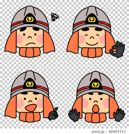 オレンジの防火服を着た消防隊員　顔だけ　表情違い 98903551