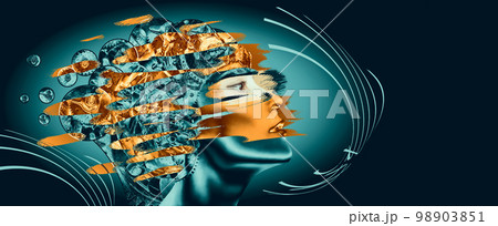 AI or Artificial Intelligence concept. Thinking businesswoman with gear mechanisms on her head. The education, idea or technology concept. AI or Artificial Intelligence concept. Thinking businesswoman with gear mechanisms on her head. The education, idea or technology concept. 98903851