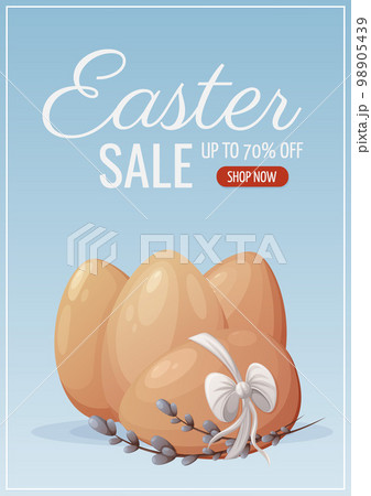 Easter sale. Chicken eggs of natural color with a bow and willow branches. Vector illustration for the spring holiday. Vertical banner, flyer, poster 98905439