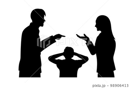 子供に迷惑な夫婦喧嘩をするシルエットイラスト 子供に迷惑な夫婦喧嘩をするシルエットイラスト 98906413