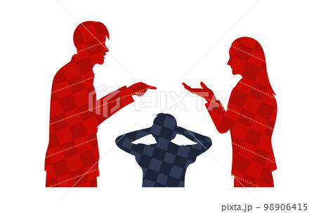 子供に迷惑な夫婦喧嘩をするシルエットイラスト　チェック柄 98906415