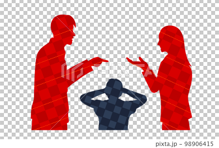 子供に迷惑な夫婦喧嘩をするシルエットイラスト　チェック柄 98906415