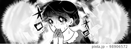 70年代昭和レトロ風少女漫画、低賃金に将来の不安を覚え絶望する黒髪少女の白黒ワイドサイズイラスト 98906572