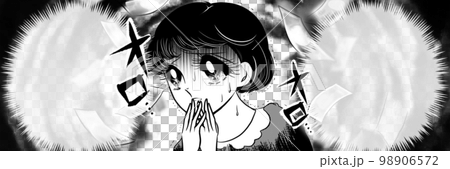 70年代昭和レトロ風少女漫画、低賃金に将来の不安を覚え絶望する黒髪少女の白黒ワイドサイズイラスト 98906572