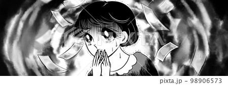 70年代昭和レトロ風少女漫画、低賃金に将来の不安を覚え絶望する黒髪少女の白黒ワイドサイズイラスト 98906573