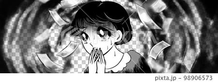 70年代昭和レトロ風少女漫画、低賃金に将来の不安を覚え絶望する黒髪少女の白黒ワイドサイズイラスト 98906573