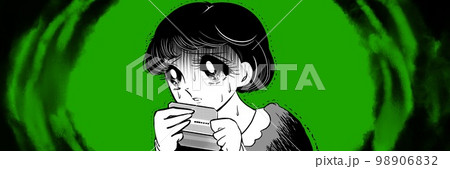 70年代昭和レトロ少女漫画預金残高が給料前でピンチ青ざめる黒髪女性白黒イラストと暗雲背景 98906832