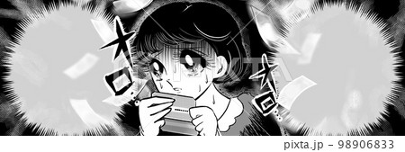 70年代昭和レトロ少女漫画預金残高が給料前でピンチ青ざめる黒髪女性白黒イラストとお札が消え去る背景 98906833