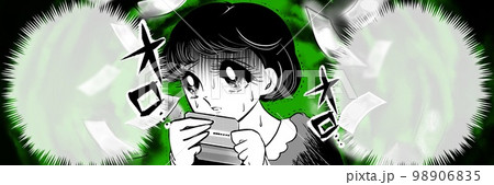 70年代昭和レトロ少女漫画預金残高が給料前でピンチ青ざめる黒髪女性白黒イラストとお札が消え去る背景 98906835