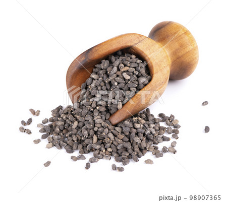 Borage seeds in wooden scoop, isolated on a white background. Borago officinalis seeds. Borage seeds in wooden scoop, isolated on a white background. Borago officinalis seeds. 98907365