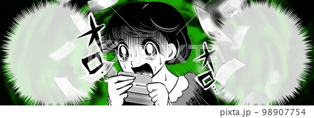 70年代昭和レトロ少女漫画、給料前残高不足で青ざめ叫ぶ黒髪女性白黒イラストとお札が消え去る背景 98907754