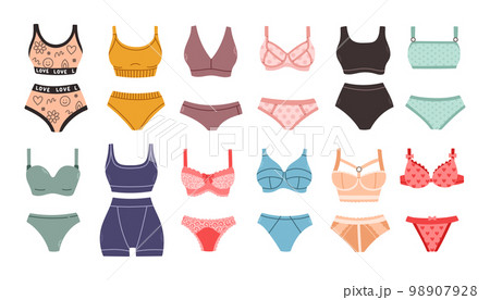 Lingerie set. Trendy female underwear. Panties, bikinis and bras. Hand drawn colorful collection of women underwear. Lingerie set. Trendy female underwear. Panties, bikinis and bras. Hand drawn colorful collection of women underwear. 98907928