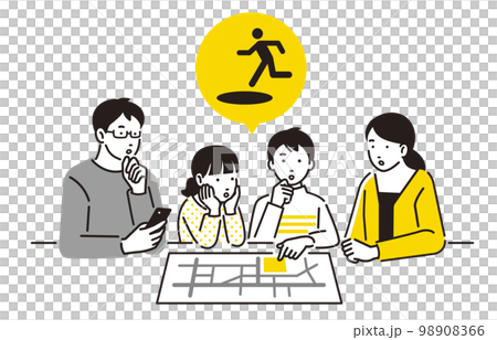 Parents and children checking the evacuation route with a person hazard map 98908366