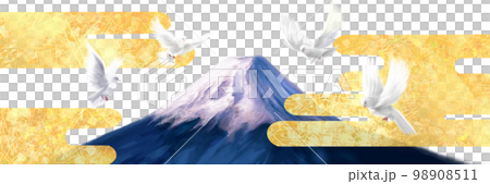 お正月の美しい日本の富士山と日本画風金箔雲と白い鳩が舞う背景風景画ワイドサイズ透過背景 98908511