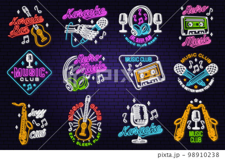 Retro music neon poster, banner. Neon sign, emblem, bright signboard, light banner with retro headphones, saxophone, audio cassette, classical acoustic guitar. Vector illustration. Advertising bright. 98910238