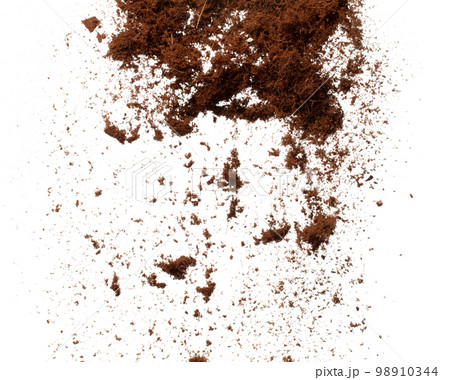 Coconut peel husk flying explosion, coconut chopped fine small S size fall down as dust. Coconut powder peel fertilizer splash throwing in Air. White background Isolated high speed shutter, freeze 98910344