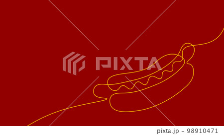 One line continuous hot dog fast food symbol concept. Silhouette of buns with sausage and mustard unhealthy snack. Digital white single line sketch drawing vector illustration 98910471