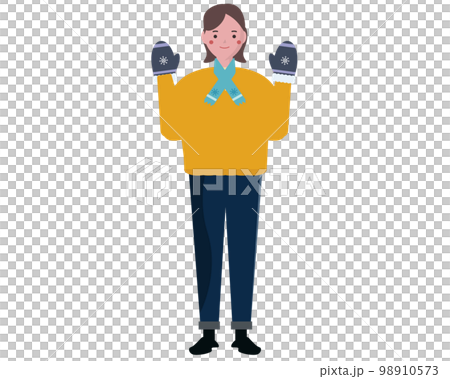 一個微笑的女人在冬天採取防寒措施。暖心的人。矢量圖 98910573