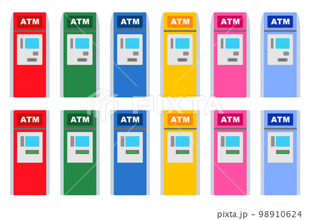 銀行ATM、お金のキャッシング機械、金融ビジネス、ベクターイラストアイコンセット 98910624