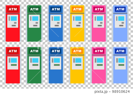 銀行ATM、お金のキャッシング機械、金融ビジネス、ベクターイラストアイコンセット 98910624