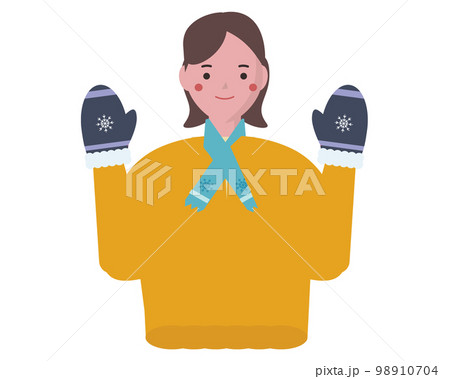 温かい服装で防寒対策をする女性。冬のファッションと笑顔の人物。ベクターイラスト 98910704