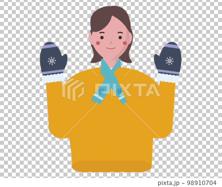 一個女人穿著保暖的衣服來抵禦寒冷。冬季時尚和微笑的數字。矢量圖 98910704