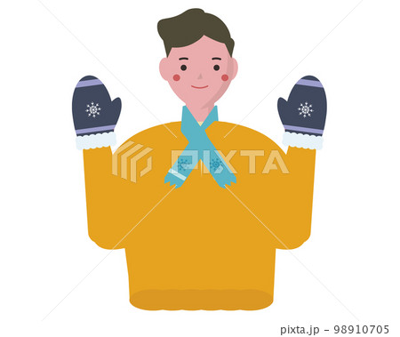 温かい服装で防寒対策をする男性。冬のファッションと笑顔の人物。ベクターイラスト 98910705