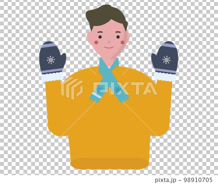 一個穿著暖和的衣服來抵禦寒冷的人。冬季時尚和微笑的數字。矢量圖 98910705