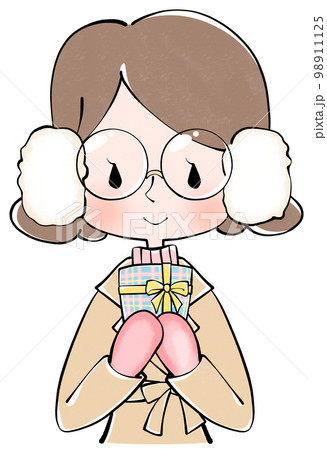 プレゼントを持った冬服の女性のイラスト プレゼントを持った冬服の女性のイラスト 98911125