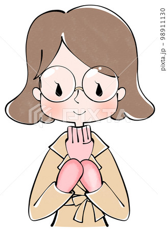 コートを着て手袋をはめた女性のイラスト コートを着て手袋をはめた女性のイラスト 98911130