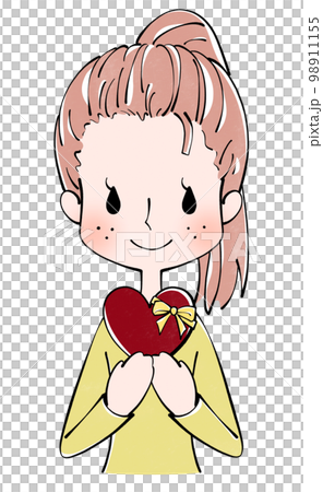 Valentine's Day illustration of a woman holding a heart-shaped gift 98911155