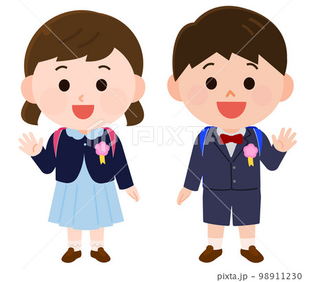 フォーマルな服装で手を振る男の子と女の子 入学式や卒業式 イラスト フォーマルな服装で手を振る男の子と女の子 入学式や卒業式 イラスト 98911230