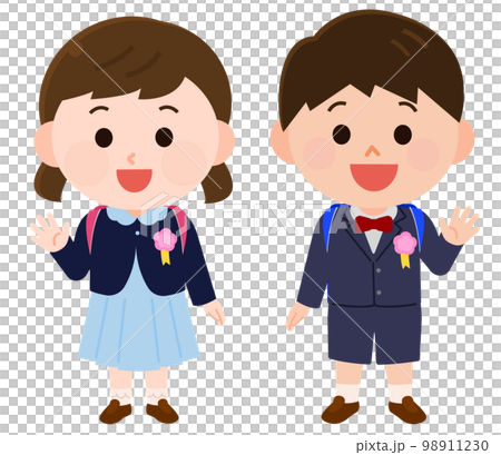 フォーマルな服装で手を振る男の子と女の子 入学式や卒業式 イラスト フォーマルな服装で手を振る男の子と女の子 入学式や卒業式 イラスト 98911230