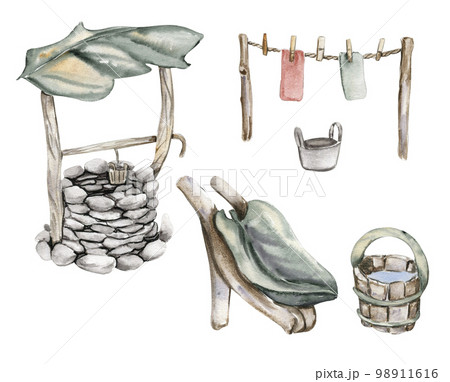 Watercolor stone well with a leaf roof and with a crank handle,wooden clothes dryer with clothes on it. Watercolor hand drawn illustration on white background. Perfect for greeting card, poster. 98911616