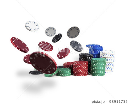 Colorful chips in piles are flying apart, isolated on white background. Close-up photo. Gambling entertainment. Colorful chips in piles are flying apart, isolated on white background. Close-up photo. Gambling entertainment. 98911755
