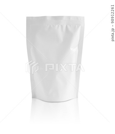 Blank white aluminium foil plastic pouch bag sachet packaging mockup isolated on white background Blank white aluminium foil plastic pouch bag sachet packaging mockup isolated on white background 98912261