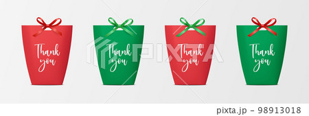 Vector 3d Realistic Red and Green Paper Gift Bag, Box for Birthday or Party Silk Bow, Ribbon. Carry Bag for Present Icon Set Isolated on White Background. Christmas Design Template 98913018