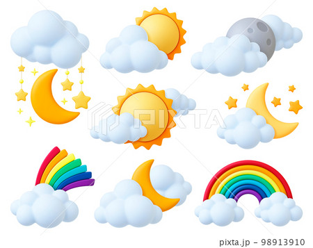 Cartoon 3d weather elements. Sun moon and stars, rainbow and fluffy clouds. Nature plasticine objects, render style design. Night morning pithy vector set 98913910