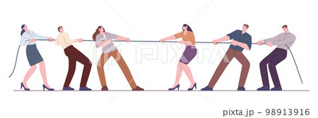 Office teams pulling rope. Competing business groups, people social conflicts. Corporate competition, person in suit pull tug kicky vector concept Office teams pulling rope. Competing business groups, people social conflicts. Corporate competition, person in suit pull tug kicky vector concept 98913916