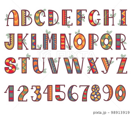 Tribal style ethnic alphabet, african decorative native letters and numbers design with folk and natural elements. Unusual neoteric vector boho set Tribal style ethnic alphabet, african decorative native letters and numbers design with folk and natural elements. Unusual neoteric vector boho set 98913919