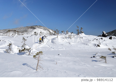 雪山の風景を楽しむ登山者達(北横岳 坪庭自然園 長野県 茅野市) 雪山の風景を楽しむ登山者達(北横岳 坪庭自然園 長野県 茅野市) 98914112